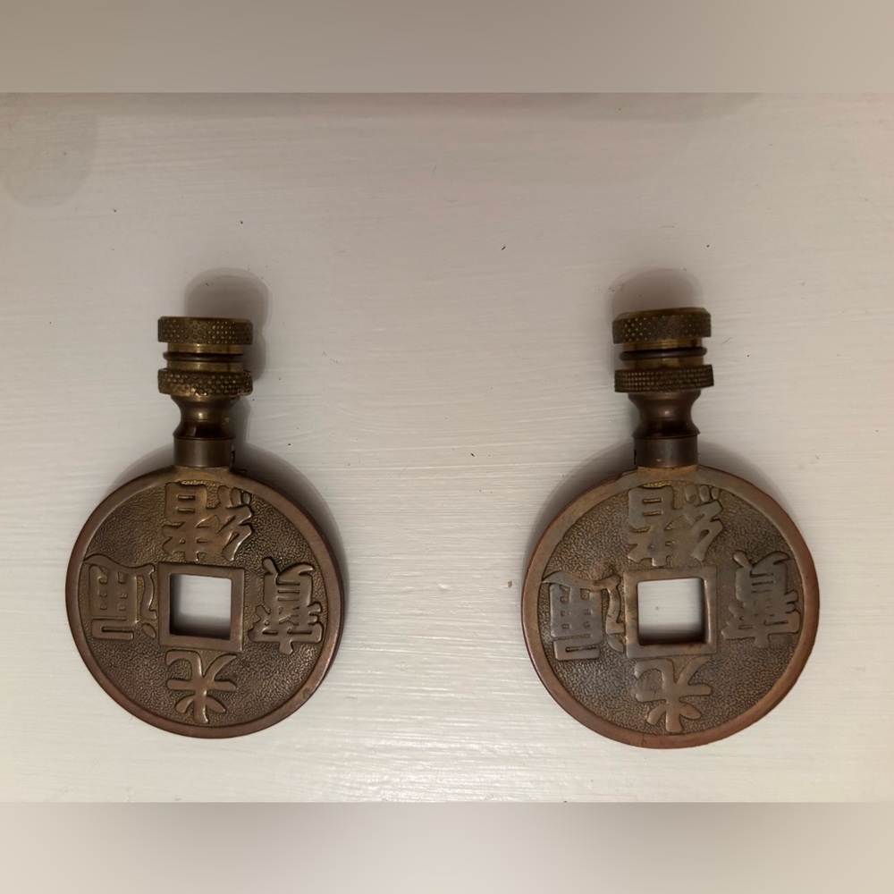 Pair of Asian brass lamp finials Chinese letters vintage